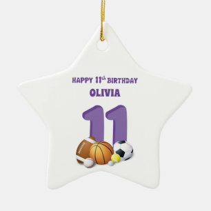 Custom Name Girl 11th Birthday Sports Balls Ceramic Tree Decoration