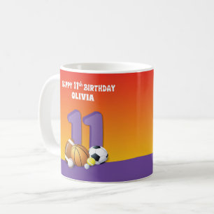 Custom Name Girl 11th Birthday Sports Balls Coffee Mug
