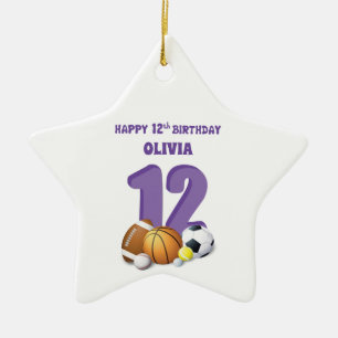 Custom Name Girl 12th Birthday Sports Balls Ceramic Tree Decoration