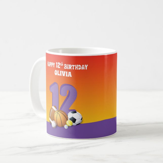 Custom Name Girl 12th Birthday Sports Balls Coffee Mug (Front Left)