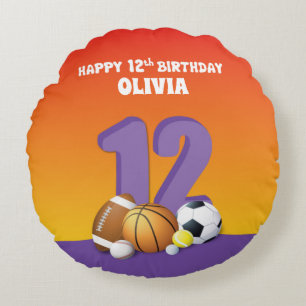 Custom Name Girl 12th Birthday Sports Balls Round Cushion