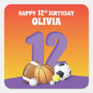 Custom Name Girl 12th Birthday Sports Balls Square Sticker