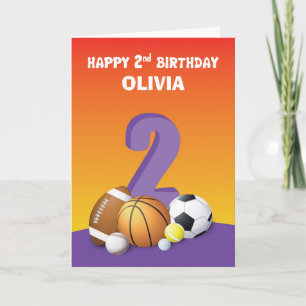 Custom Name Girl 2nd Birthday Sports Balls Card