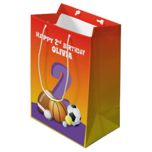 Custom Name Girl 2nd Birthday Sports Balls Medium Gift Bag