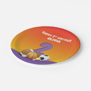Custom Name Girl 2nd Birthday Sports Balls Paper Plate