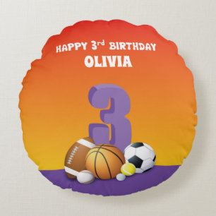 Custom Name Girl 3rd Birthday Sports Balls Round Cushion