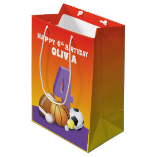 Custom Name Girl 4th Birthday Sports Balls Medium Gift Bag