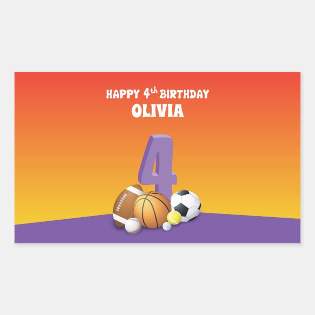 Custom Name Girl 4th Birthday Sports Balls Rectangular Sticker (Front)