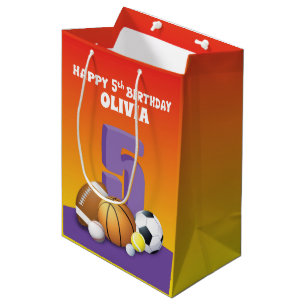 Custom Name Girl 5th Birthday Sports Balls Medium Gift Bag