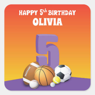Custom Name Girl 5th Birthday Sports Balls Square Sticker