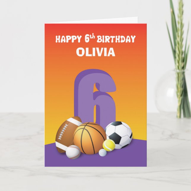 Custom Name Girl 6th Birthday Sports Balls Card (Front)