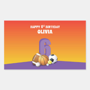 Custom Name Girl 6th Birthday Sports Balls Rectangular Sticker