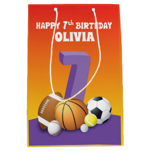 Custom Name Girl 7th Birthday Sports Balls Medium Gift Bag