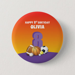 Custom Name Girl 8th Birthday Sports Balls 6 Cm Round Badge