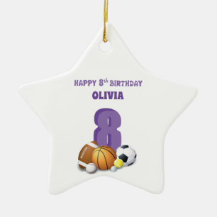 Custom Name Girl 8th Birthday Sports Balls Ceramic Tree Decoration