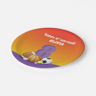 Custom Name Girl 8th Birthday Sports Balls Paper Plate