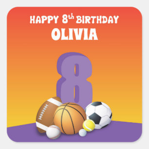 Custom Name Girl 8th Birthday Sports Balls Square Sticker