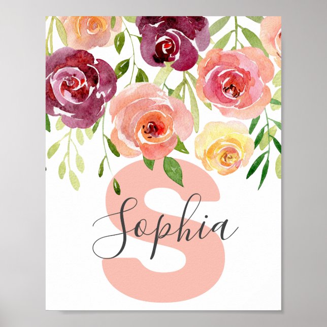 Custom Name Girl Baby Floral Roses Girls Nursery Poster (Front)