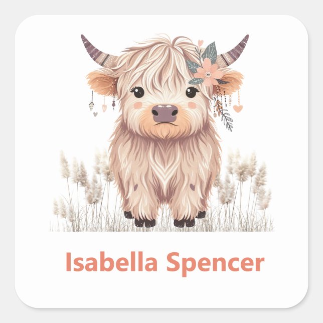 Custom Name Girl Cute Modern Highland Cow Square Sticker (Front)