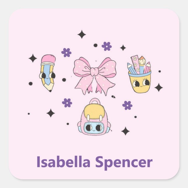 Custom Name Girl Cute Soft Pink Square Sticker (Front)