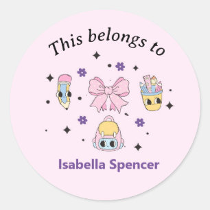 Custom Name Girl Cute This Belongs To Pink Classic Round Sticker