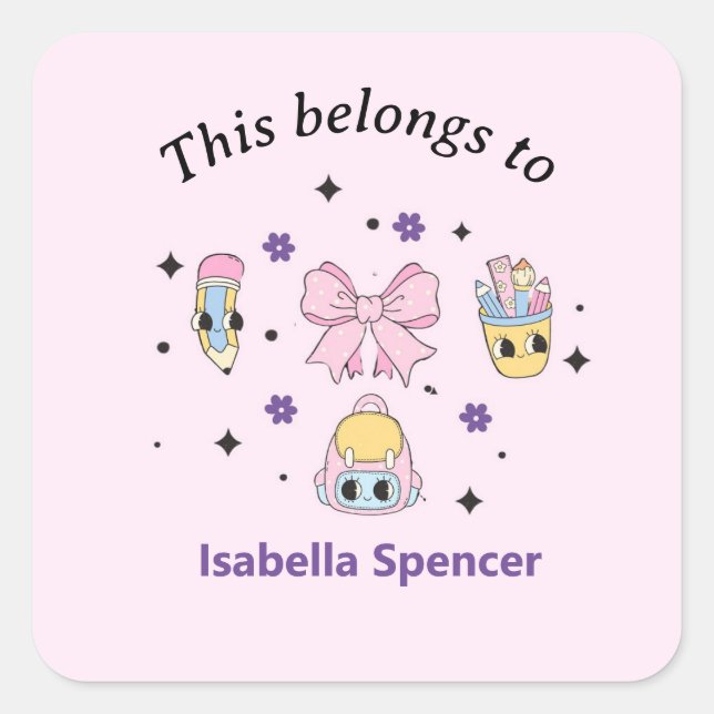 Custom Name Girl Cute This Belongs To Pink Square Sticker (Front)