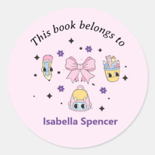 Custom Name Girl Cute This Book Belongs To Pink Classic Round Sticker