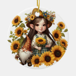 Custom name girl gnome sunflowers  ceramic tree decoration
