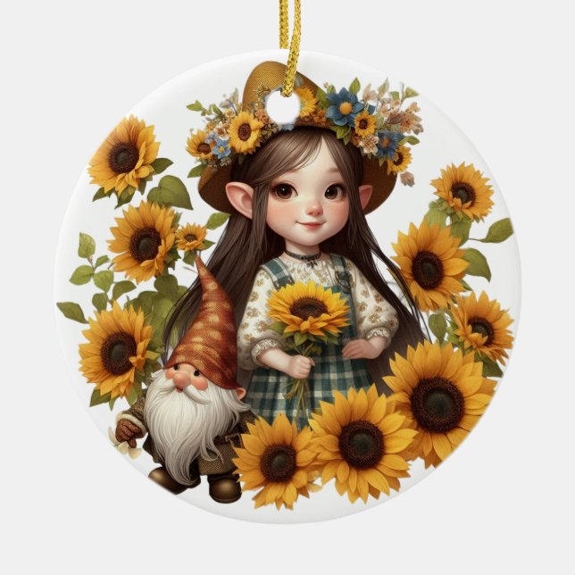 Custom name girl gnome sunflowers  ceramic tree decoration (Front)