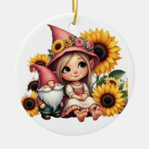 Custom name girl gnome sunflowers ceramic tree decoration