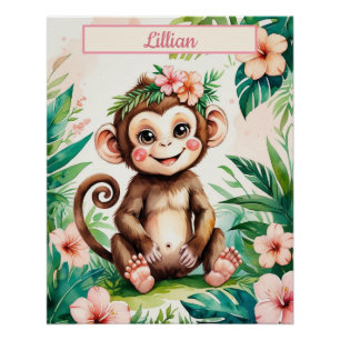 Custom Name Girl Nursery Baby Monkey Poster
