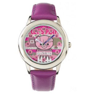 Custom Name Girls Pig Farm Kids Personalised Watch
