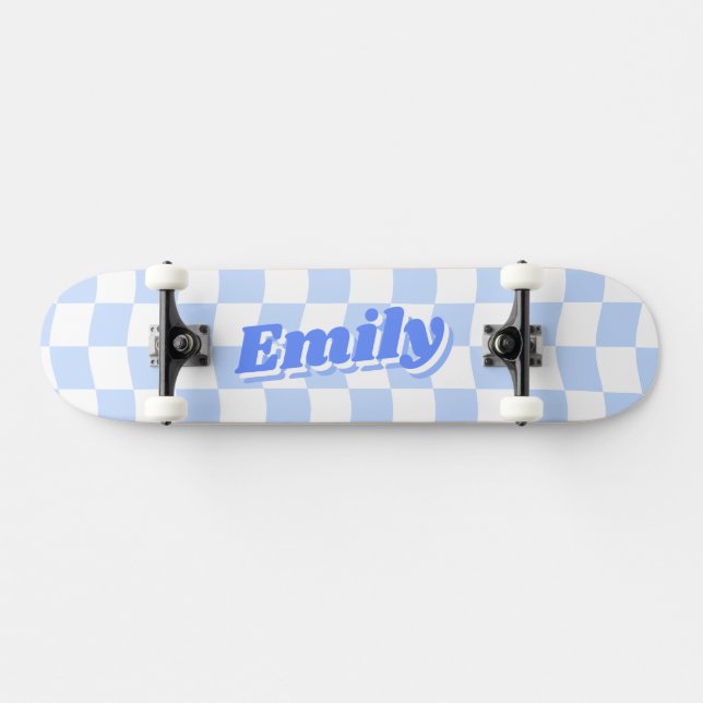Custom Name Girly Blue White Chequered Pattern Skateboard (Horz)