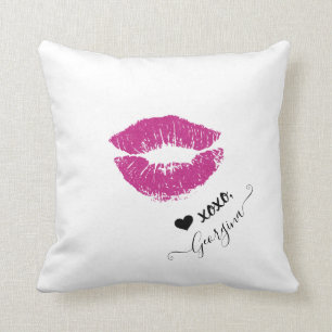 Custom Name Girly Chic Pink Kiss Lips Black Heart Cushion