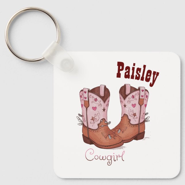 Custom Name Girly Cute CowGirl Boots Pink Brown Key Ring (Front)