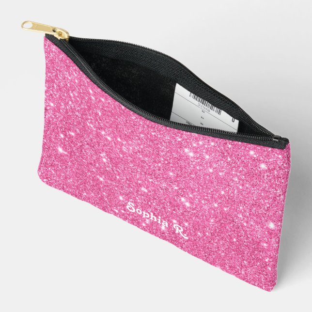 Custom Name Girly Faux Pink Glitter Accessory Pouch (Open)