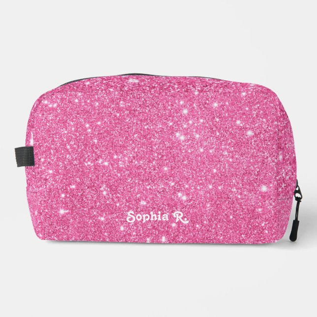 Custom Name Girly Faux Pink Glitter Dopp Kit (Front)