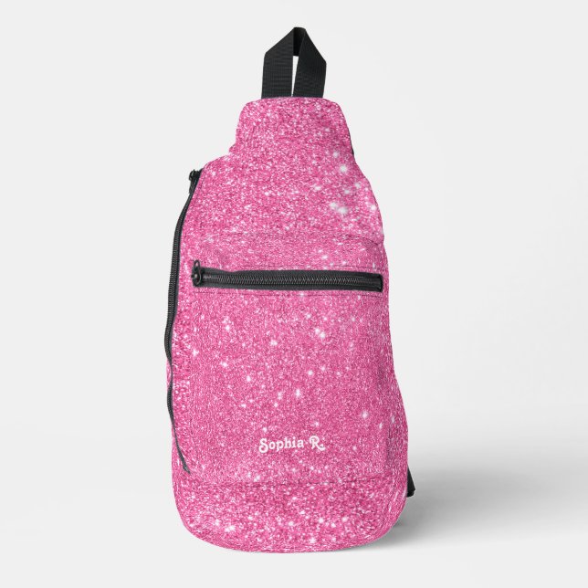 Custom Name Girly Faux Pink Glitter Sling Bag (Front)