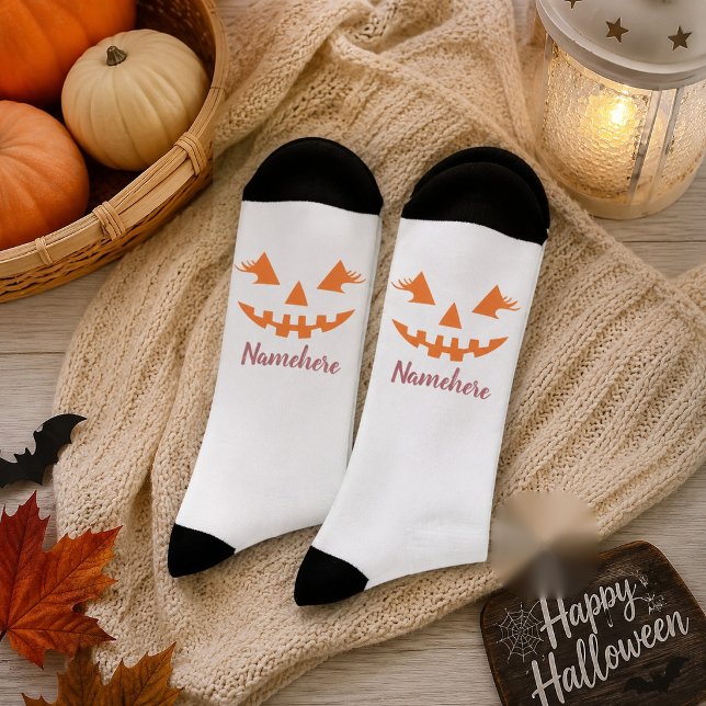 Custom Name Girly Jack O Lantern Pumpkin Halloween Socks (Creator Uploaded)