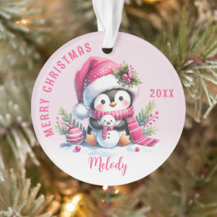 Custom Name Girly Penguin Pink Christmas Ornament