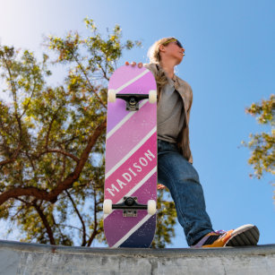 Custom Name Girly Pink Purple Stripes Skateboard