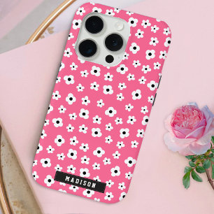Custom Name Girly Pink White Flower Pattern iPhone 15 Pro Case
