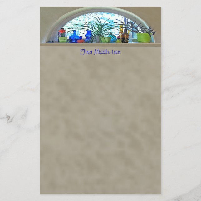 Custom Name Glass Bottles Plants Window Watercolor Stationery (Front)