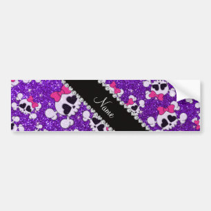 Custom name glitter indigo purple skulls pink bows bumper sticker