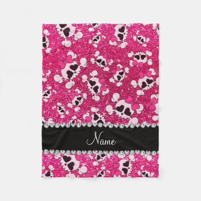 Custom name glitter rose pink skulls pink bows fleece blanket (Front)