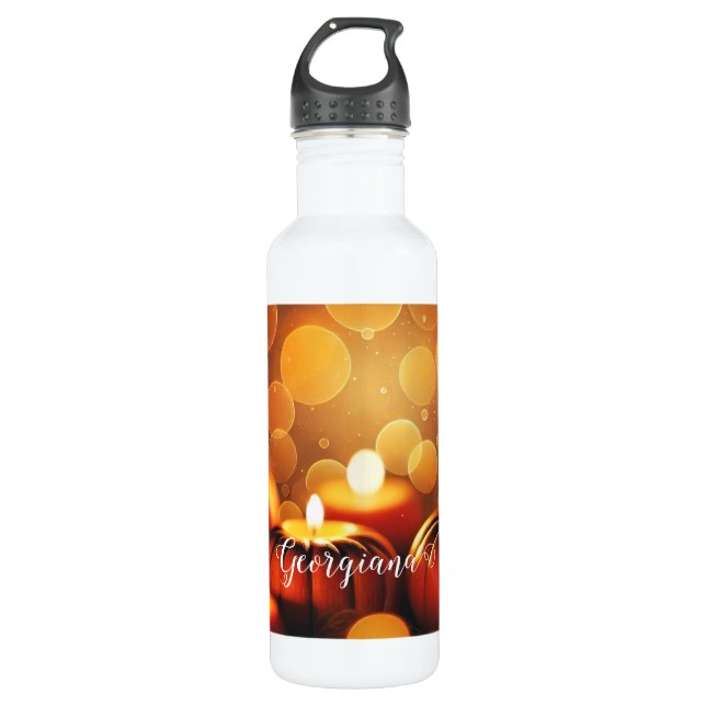 Custom Name Glowing Pumpkins Autumnal Bokeh Effect 710 Ml Water Bottle (Front)