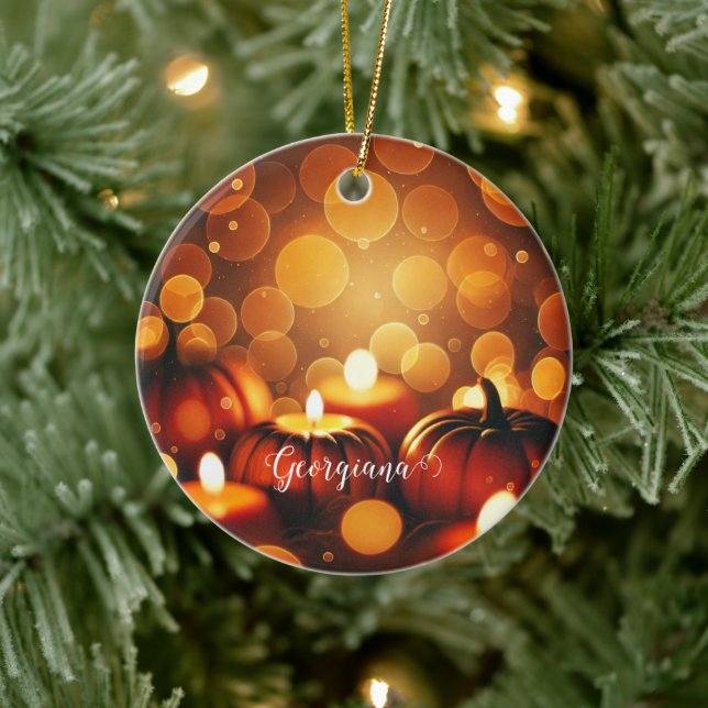 Custom Name Glowing Pumpkins Autumnal Bokeh Effect Ceramic Tree Decoration (Tree)