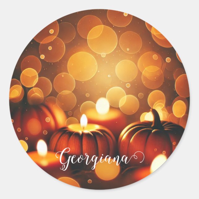 Custom Name Glowing Pumpkins Autumnal Bokeh Effect Classic Round Sticker (Front)