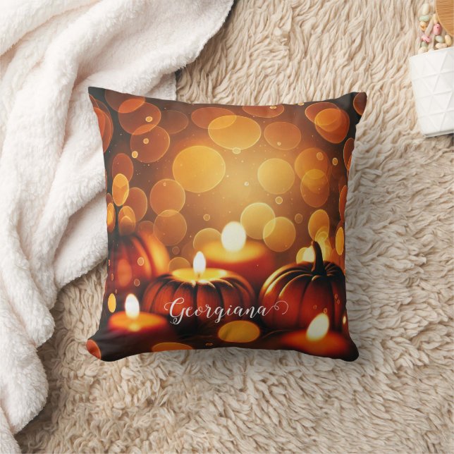 Custom Name Glowing Pumpkins Autumnal Bokeh Effect Cushion (Blanket)