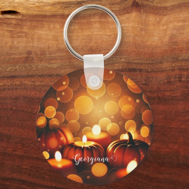 Custom Name Glowing Pumpkins Autumnal Bokeh Effect Key Ring (Front)